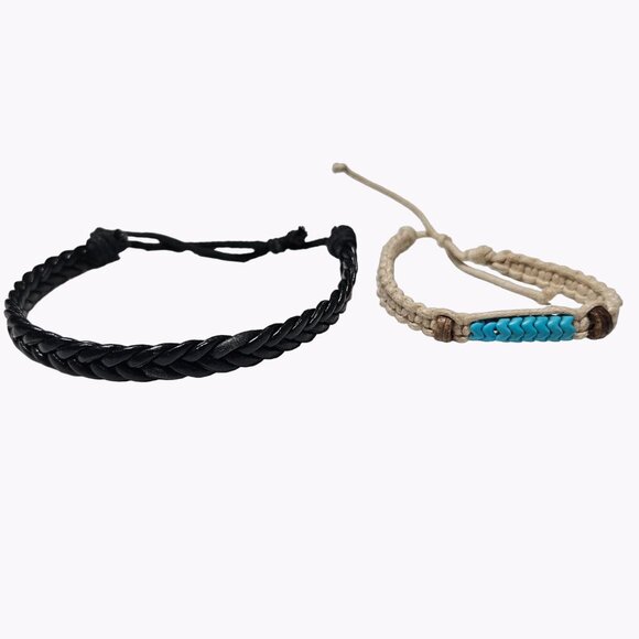 Friendship Bracelet Leather Hemp Woven Beaded Lot of 2 Fashion Jewelry Unisex - Picture 1 of 5